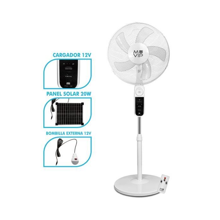 Muvip Ventilador de Pie Solar - 12000mAh - 40cm - 4 Velocidades - Luz LED - USB - Color Blanco