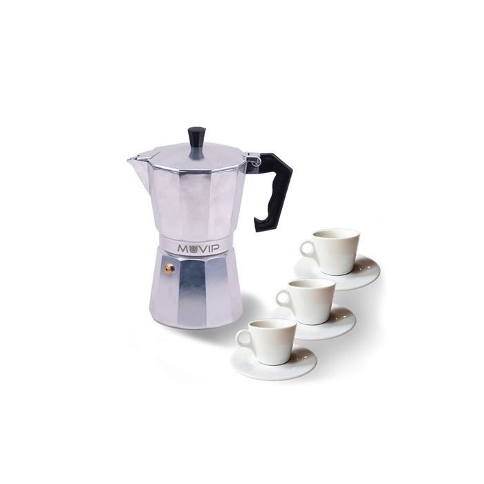 Muvip MV0600 Cafetera de Aluminio - Capacidad 3 Tazas - Mango Ergonomico - Antiadherente - Apta para Placas Electricas, Vitroceramicas y Gas - Color Aluminio