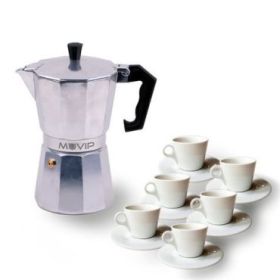 Muvip MV0601 Cafetera de Aluminio - Capacidad 6 Tazas - Mango Ergonomico - Antiadherente - Apta para Placas Electricas, Vitroceramicas y Gas - Color Aluminio