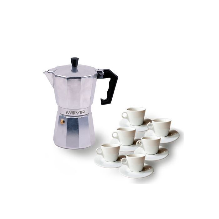 Muvip MV0601 Cafetera de Aluminio - Capacidad 6 Tazas - Mango Ergonomico - Antiadherente - Apta para Placas Electricas, Vitroceramicas y Gas - Color Aluminio