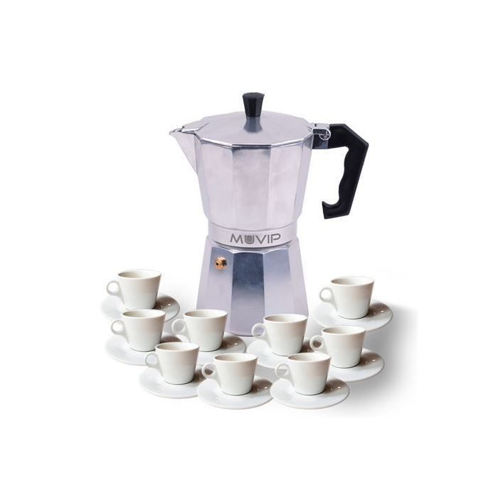 Muvip MV0602 Cafetera de Aluminio - Capacidad 9 Tazas - Mango Ergonomico - Antiadherente - Apta para Placas Electricas, Vitroceramicas y Gas - Color Aluminio