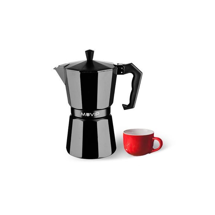 Muvip MV0603 Cafetera de Aluminio - Capacidad 1 Taza - Mango Ergonomico - Antiadherente - Apta para Placas Electricas, Vitroceramicas y Gas - Color Negro Mate