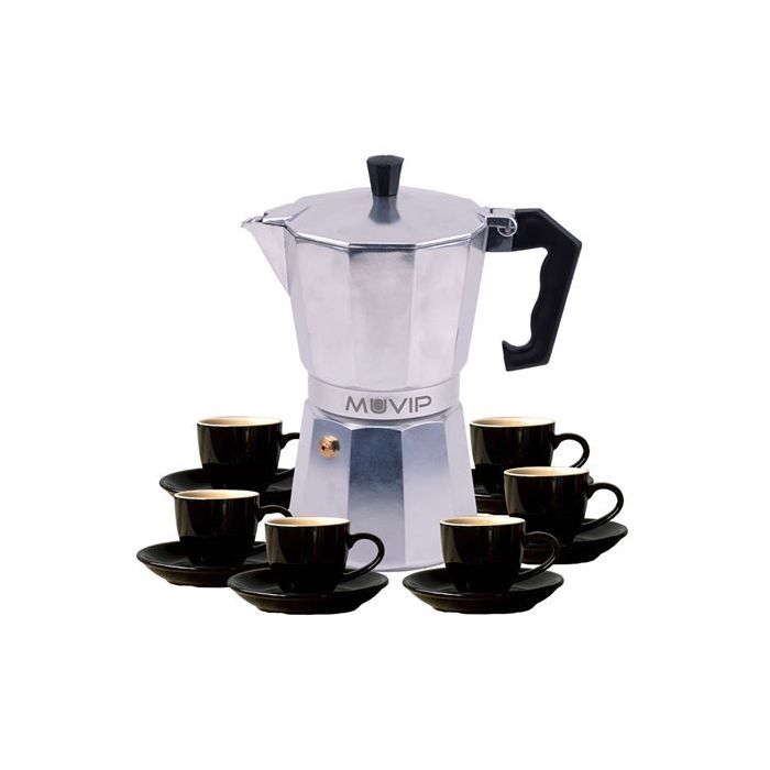 Muvip MV0604 Cafetera de Aluminio - Capacidad 6 Tazas - Mango de Baquelita Termoresistente Ergonomico - Apta para Placas Electricas, Vitroceramicas, Gas e Induccion - Color Aluminio