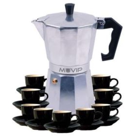 Muvip MV0605 Cafetera de Aluminio - Capacidad 9 Tazas - Mango de Baquelita Termoresistente Ergonomico - Apta para Placas Electricas, Vitroceramicas, Gas e Induccion - Color Aluminio