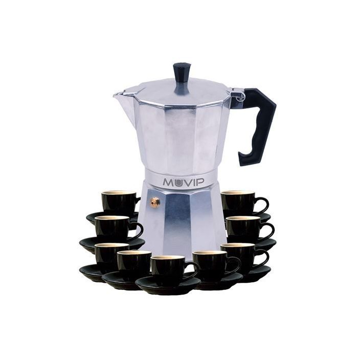 Muvip MV0605 Cafetera de Aluminio - Capacidad 9 Tazas - Mango de Baquelita Termoresistente Ergonomico - Apta para Placas Electricas, Vitroceramicas, Gas e Induccion - Color Aluminio