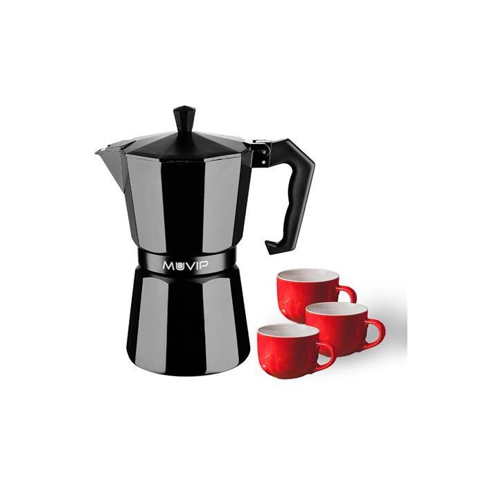 Muvip MV0606 Cafetera de Aluminio - Capacidad 3 Tazas - Mango Ergonomico - Antiadherente - Apta para Placas Electricas, Vitroceramicas y Gas - Color Negro Mate