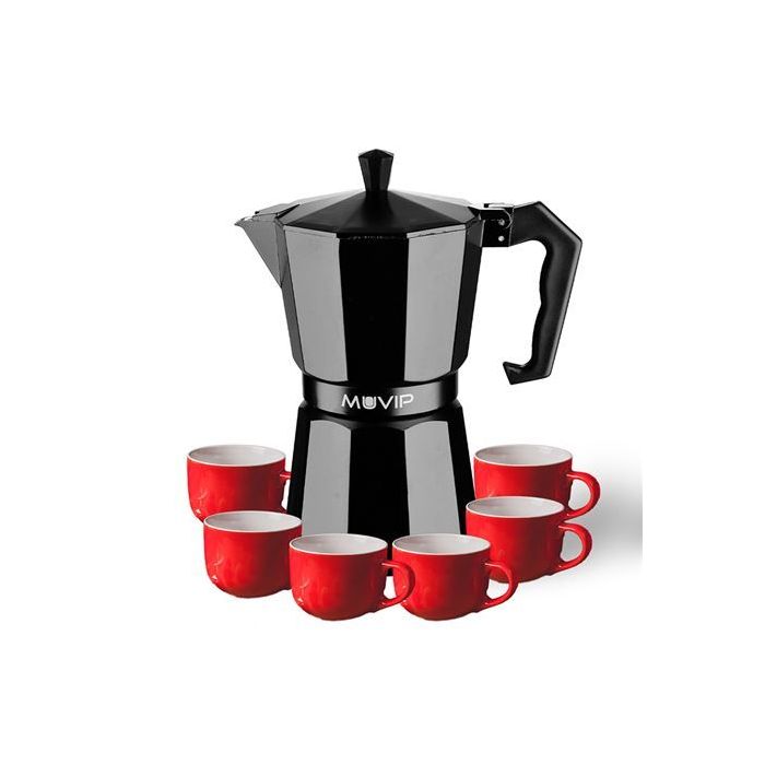 Muvip MV0607 Cafetera de Aluminio - Capacidad 6 Tazas - Mango Ergonomico - Antiadherente - Apta para Placas Electricas, Vitroceramicas y Gas - Color Negro Mate