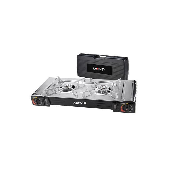 Muvip Cocina de Gas Portatil 2 Fuegos - Doble Bombona - Encendido Automatico - Quemador de Aluminio - Valvula de Doble Sellado - Proteccion Contra Sobretension - Maleta de Transporte