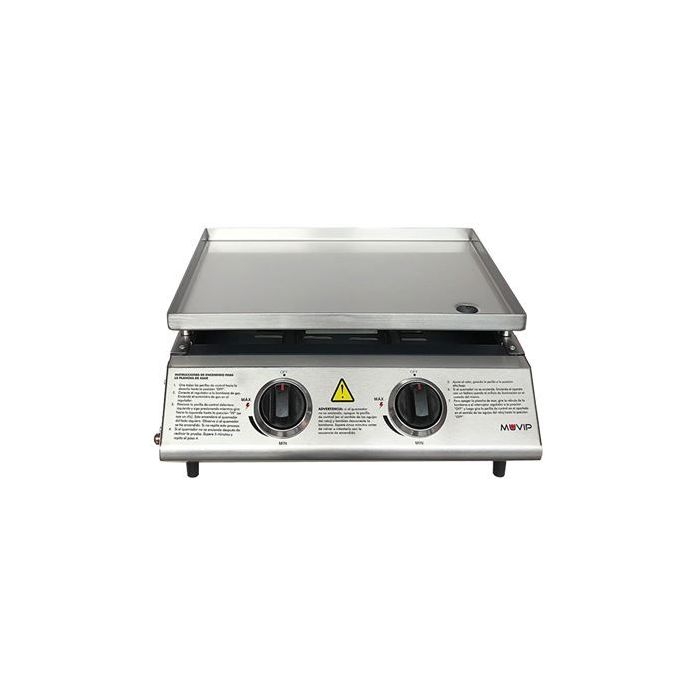 Muvip Plancha de Asar de Gas - 2 Quemadores - Panel de Control y Plancha de Acero - Bandeja Recoge Grasas - Llama Regulable - Superficie Antiadherente