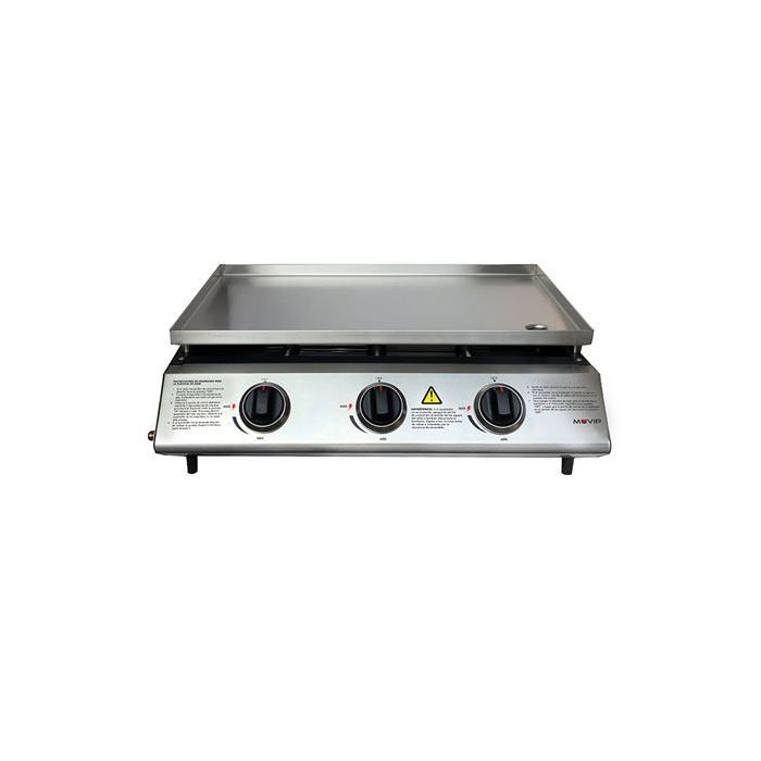 Muvip Plancha de Asar de Gas - 3 Quemadores - Panel de Control y Plancha de Acero - Bandeja Recoge Grasas - Llama Regulable - Superficie Antiadherente