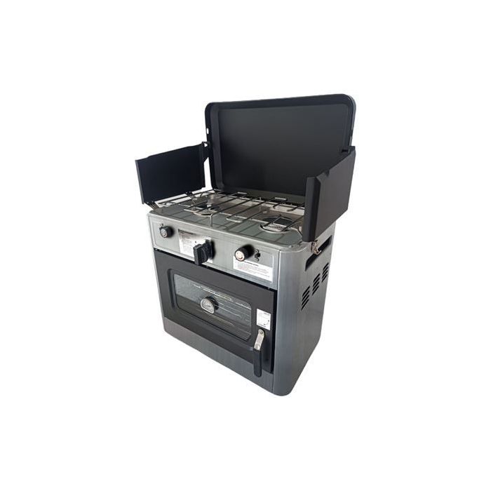 Muvip Cocina de Gas con 2 Fuegos - Tapa Protectora - Horno de 15 Litros - Sistema de Seguridad - Pantalla Paraviento - 49x34x45.5cm - Color Acero