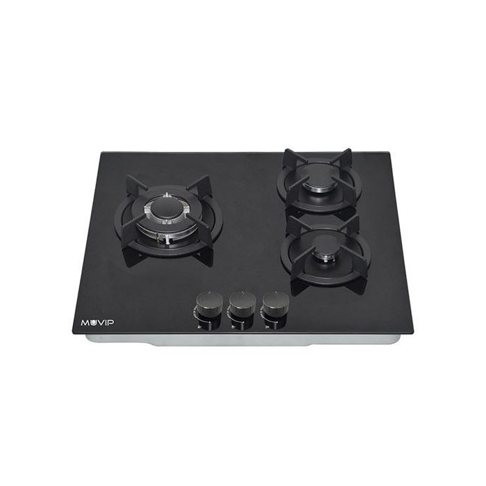 Muvip MV0626 Cocina de Gas Encastrable - 3 Zonas de Coccion - Quemador y Soportes de Hierro Fundido - Cristal Templado de Alta Resistencia - Sistema de Encendido Electrico - Dispositivo de Seguridad Apagado de Llama