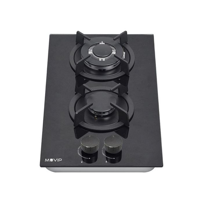 Muvip MV0627 Cocina de Gas Encastrable - 2 Zonas de Coccion de 26cm - Quemador y Soportes de Hierro Fundido - Cristal Templado de Alta Resistencia - Sistema de Encendido Electrico - Dispositivo de Seguridad Apagado de Llama