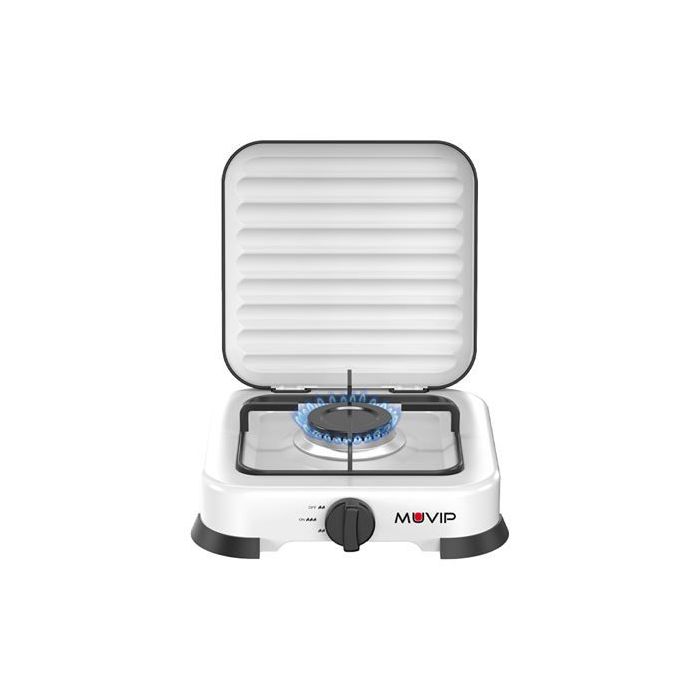 Muvip Vulcano Cocina de Gas con 1 Fuego - Tapa Protectora - Patas de Goma - Superficie Esmaltada - Quemador Extraible - 26.8x26x8x5.9cm - Color Blanco