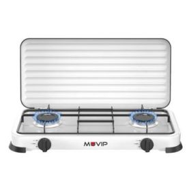 Muvip Vulcano Cocina de Gas con 2 Fuegos - Tapa Protectora - Patas de Goma - Superficie Esmaltada - Quemador Extraible - 57.7x27.8x5.3cm - Color Blanco