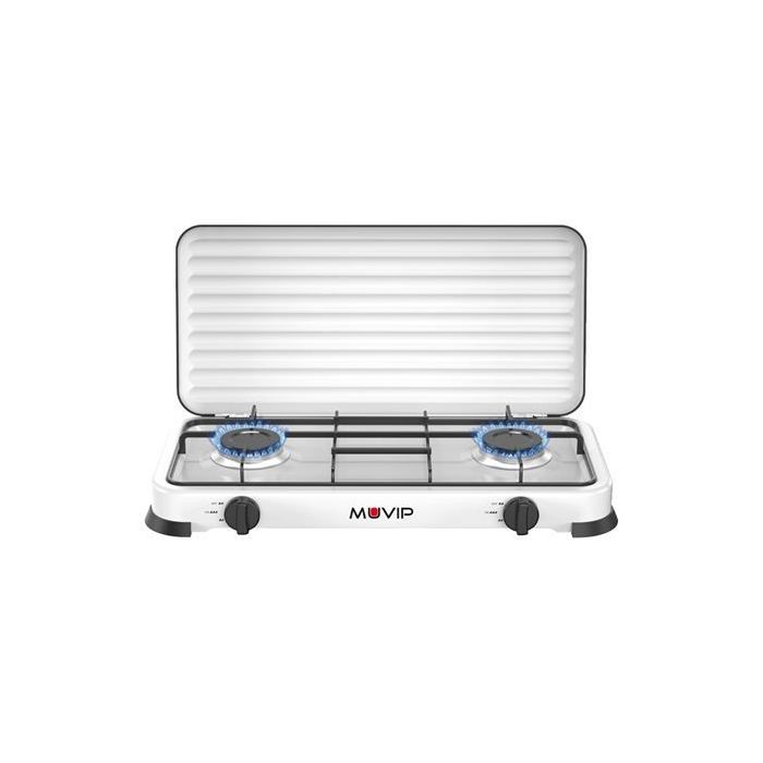 Muvip Vulcano Cocina de Gas con 2 Fuegos - Tapa Protectora - Patas de Goma - Superficie Esmaltada - Quemador Extraible - 57.7x27.8x5.3cm - Color Blanco