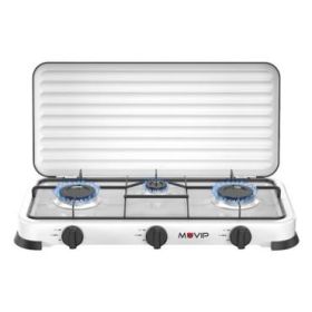 Muvip Vulcano Cocina de Gas con 3 Fuegos - Tapa Protectora - Patas de Goma - Superficie Esmaltada - Quemador Extraible - 57.7x27.8x5.3cm - Color Blanco