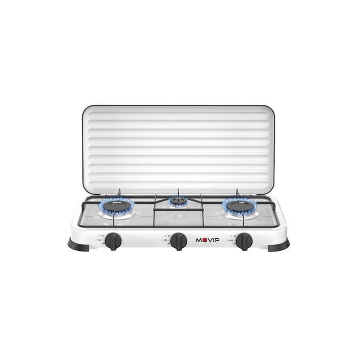 Muvip Vulcano Cocina de Gas con 3 Fuegos - Tapa Protectora - Patas de Goma - Superficie Esmaltada - Quemador Extraible - 57.7x27.8x5.3cm - Color Blanco