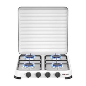 Muvip Vulcano Cocina de Gas con 4 Fuegos - Tapa Protectora - Patas de Goma - Superficie Esmaltada - Quemador Extraible - 47.8x47.8x60cm - Color Blanco
