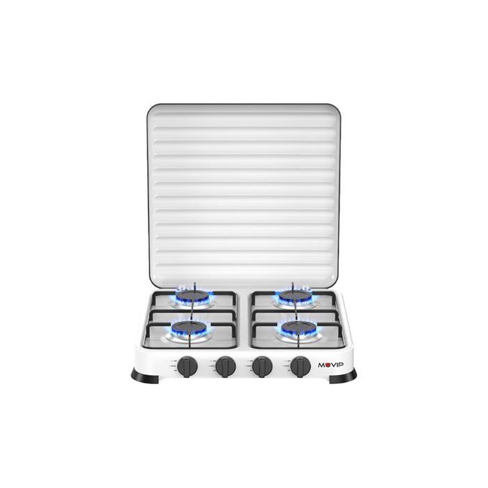 Muvip Vulcano Cocina de Gas con 4 Fuegos - Tapa Protectora - Patas de Goma - Superficie Esmaltada - Quemador Extraible - 47.8x47.8x60cm - Color Blanco