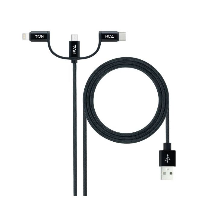 Nanocable Cable USB-A 2.0 Macho a USB-C, MicroUSB, Lightning Macho 1m - Color Negro
