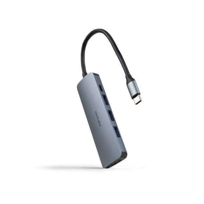 Nanocable HUB USB-C 5 en 1 - Conversor USB-C 3.1 a 3 x USB-A 3.0 + USB-C PD 100W + HDMI - Aluminio - 18cm - Color Gris