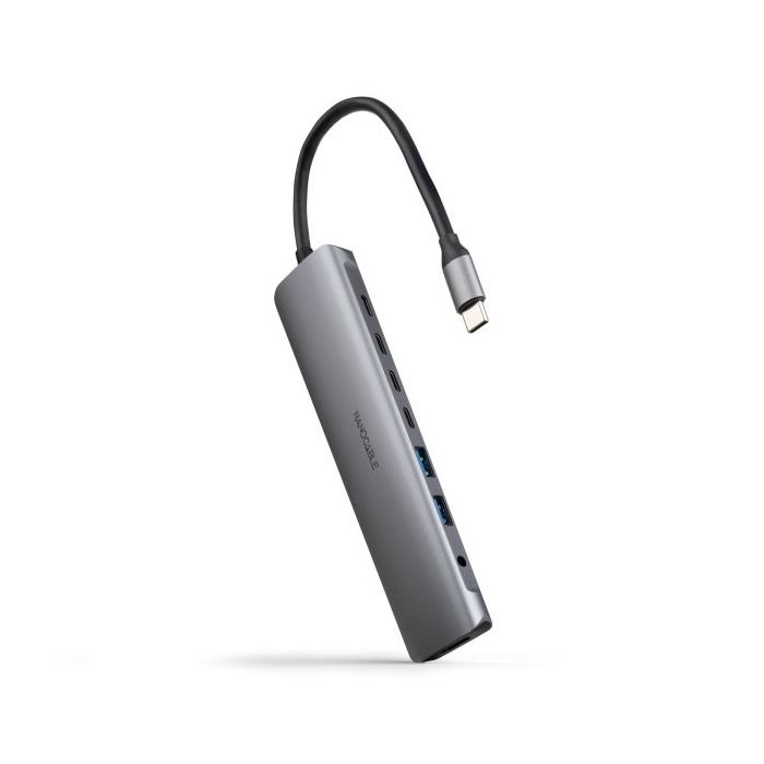 Nanocable HUB USB-C 8 en 1 - Conversor USB-C 3.1 a 2 x USB-A 3.0 + 3 x USB-C 3.0 + USB-C PD 100W + HDMI 4K@60Hz + Audio Jack 3.5 - Aluminio - 18cm - Color Gris
