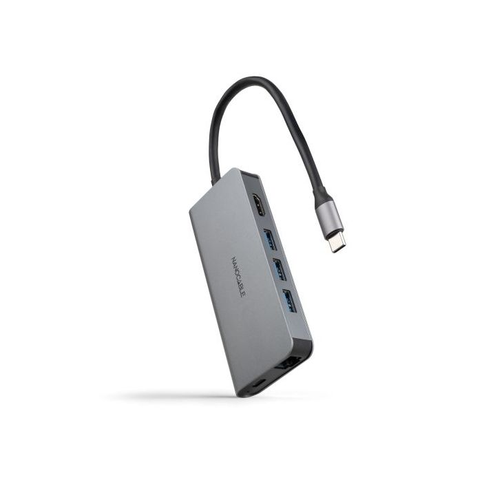 Nanocable HUB USB-C 8 en 1 - Conversor USB-C 3.1 a 3 x USB-A 3.0 + USB-C PD 100W + HDMI 4K@60Hz + RJ45 + TF + SD - Aluminio - 18cm - Color Gris
