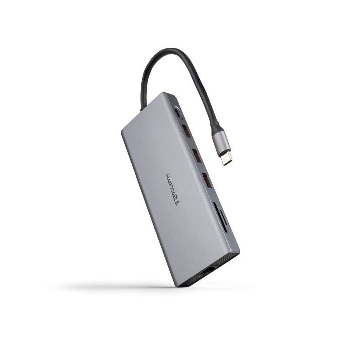 Nanocable HUB USB-C 12 en 1 - Conversor USB-C 3.1 a 3 x USB-A 3.2 + 3 x USB-C 3.2 + USB-C PD 100W + 2 x HDMI 4K@60Hz + DP 4K@60Hz + RJ45 + TF + SD + Audio Jack 3.5 - Aluminio - 18cm - Color Gris