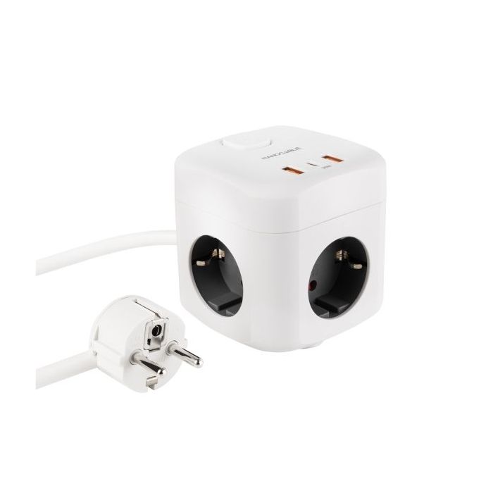 Nanocable Base de 3 Enchufes Schuko + 2x USB-A y 1x USB-C con Interruptor - Tecnologia GaN, PPS y PD 20W - Cable de 1.40m - Color Blanco