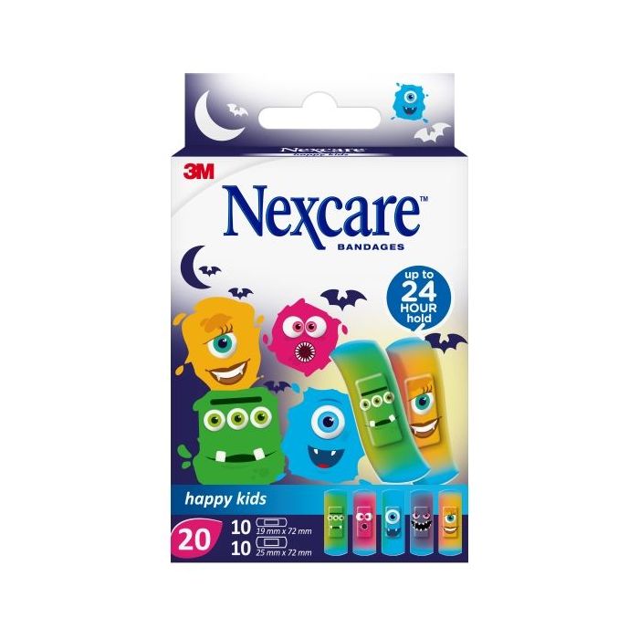 Nexcare Happy Kids Monsters Pack de 20 Apositos Surtidos - Transpirables - para Pieles Delicadas - Color Estampado Infantil
