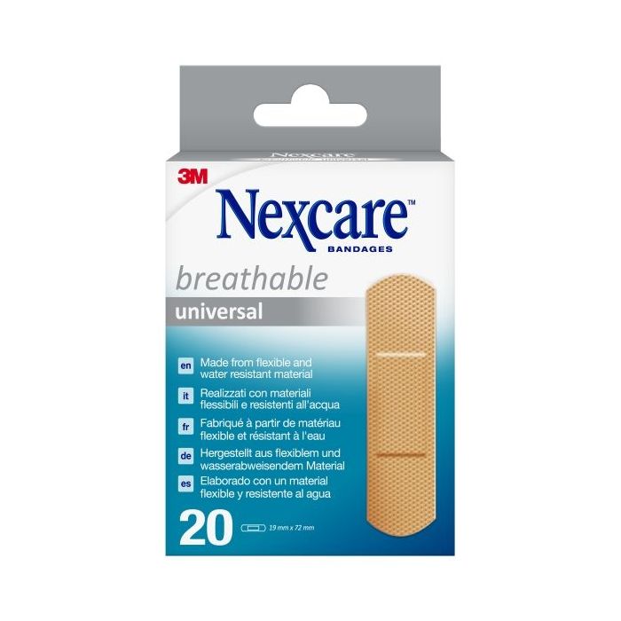 Nexcare Universal Breathable Pack de 20 Apositos para Heridas - 19x72mm - Transpirable - Resistente al Agua - Color Piel