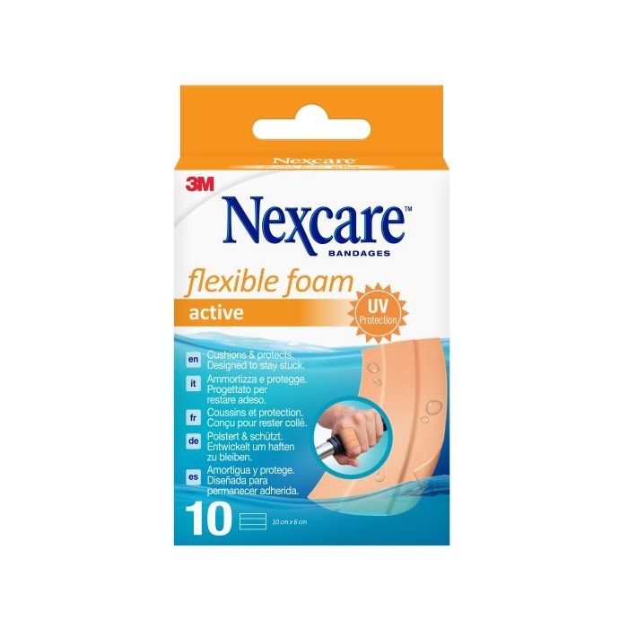 Nexcare Active Flexible Foam Pack de 10 Apositos para Heridas - 6x10cm - Transpirable - Resistente al Agua - Color Piel