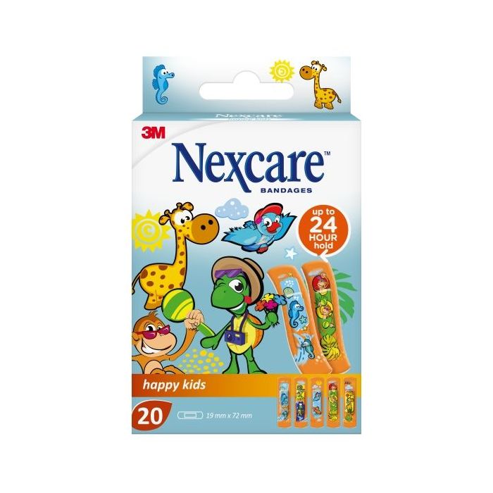 Nexcare Happy Kids Pack de 20 Apositos para Heridas - 19x72mm - Transpirables - para Pieles Delicadas - Color Estampado Infantil