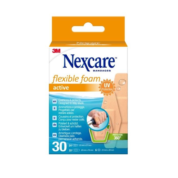 Nexcare Active Flexible Foam Pack de 30 Apositos Surtidos - Transpirable - Resistente al Agua - Color Piel