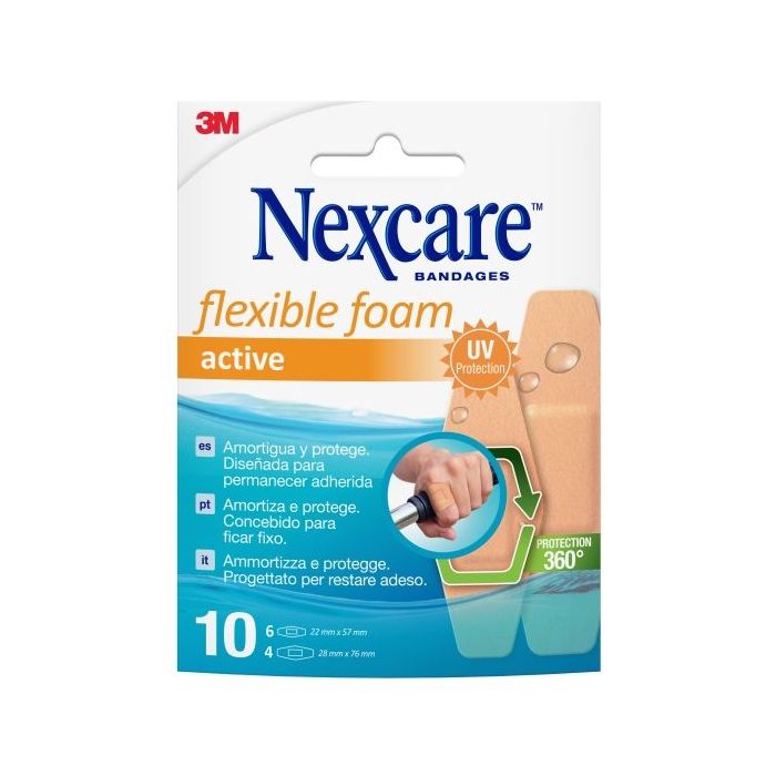 Nexcare Active Flexible Foam Pack de 10 Apositos Surtidos - Transpirable - Resistente al Agua - Color Piel