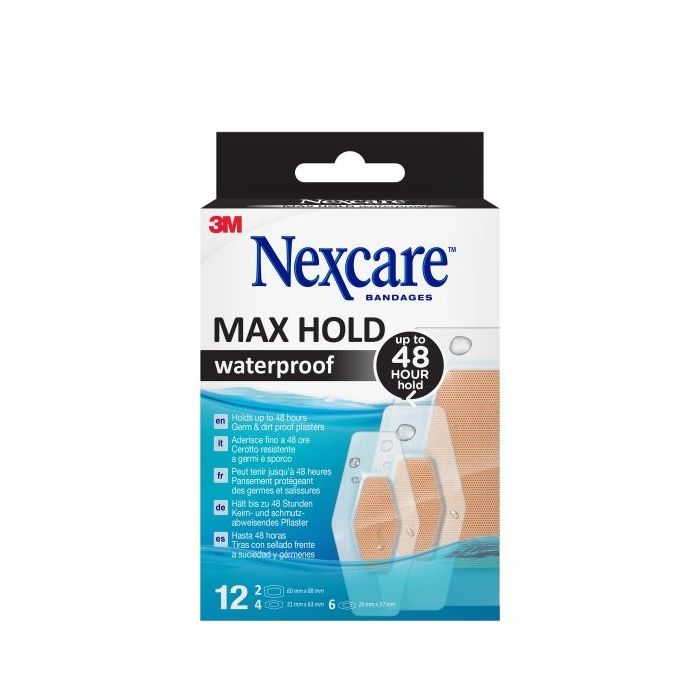 Nexcare Max Hold Waterproof Pack de 12 Apositos Surtidos - Impermeable - Fijacion 48H - Transpirable - Color Transparente