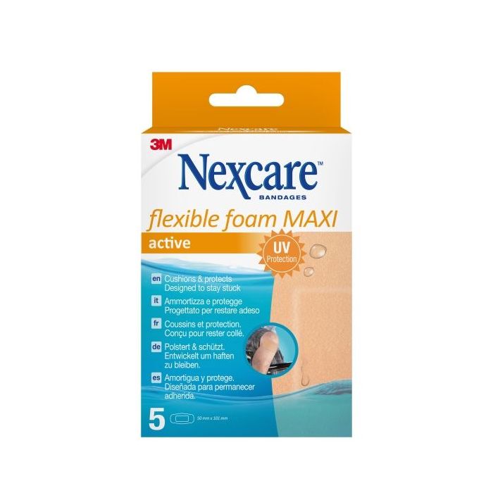 Nexcare Flexible Foam Maxi Active Pack de 5 Apositos para Heridas - 50x101mm - Flexibles - Transpirable - Resistente al Agua - Color Piel