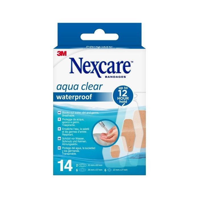 Nexcare Aqua Clear Waterproof Pack de 14 Apositos Surtidos - Impermeables - Color Transparente