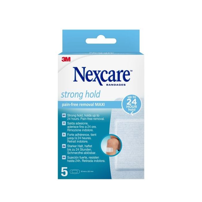 Nexcare Strong Hold Pack de 5 Apositos para Heridas - 50x101mm - Retirada Sin Dolor - Reposicionables - para Pieles Delicadas - Color Blanco