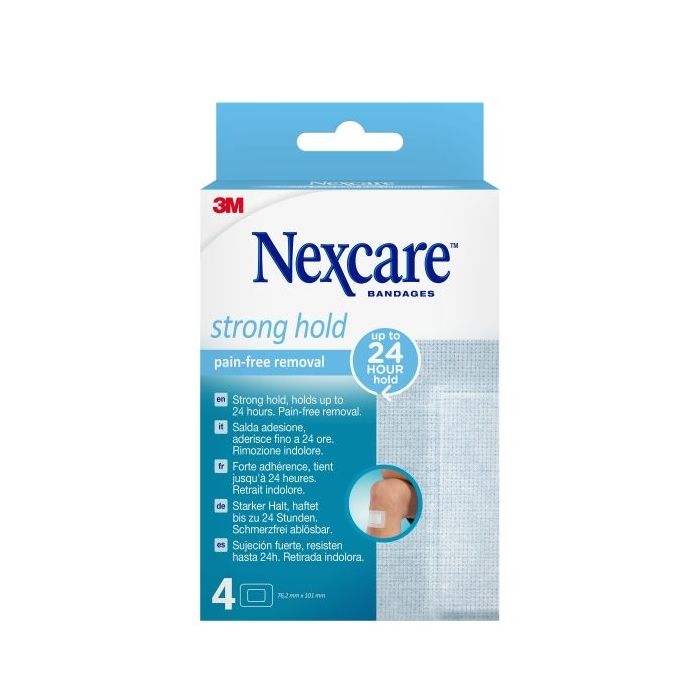 Nexcare Strong Hold Pack de 4 Apositos para Heridas - 76.2x101mm - Retirada Sin Dolor - Transpirables - Reposicionables - Color Blanco