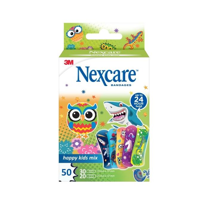 Nexcare Happy Kids Mix Pack de 50 Apositos Surtidos - Transpirables - para Pieles Delicadas - Color Estampado Infantil