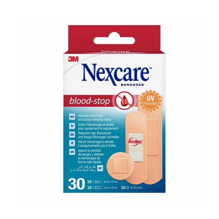 Nexcare Blood-Stop Pack de 30 Apositos Surtidos - Resistente al Agua - Mayor Rapidez Deteniendo Hemorragias - Color Piel