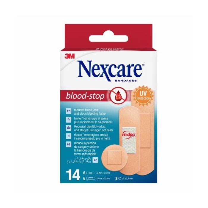 Nexcare Blood-Stop Pack de 14 Apositos Surtidos - Resistente al Agua - Mayor Rapidez Deteniendo Hemorragias - Color Piel