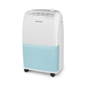 Orbegozo DH 2025 Deshumidificador - Potencia 420W - Absorbe 20 L/Dia - Deposito de 3.6L - Respetuoso con el Medio Ambiente - Temporizador - Ruedas y Asa de Transporte - 34.5x22.5x58cm - Color blanco y azul