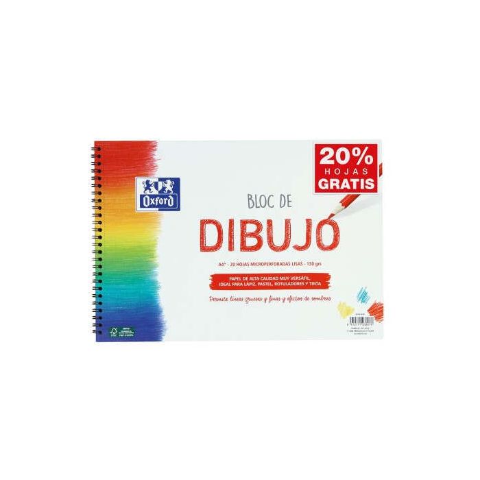 Oxford Bloc de Dibujo Escolar Espiral Formato A4+ Liso - 20 Hojas Microperforadas 130gr Color natural - Papel de Superfície Rugosa