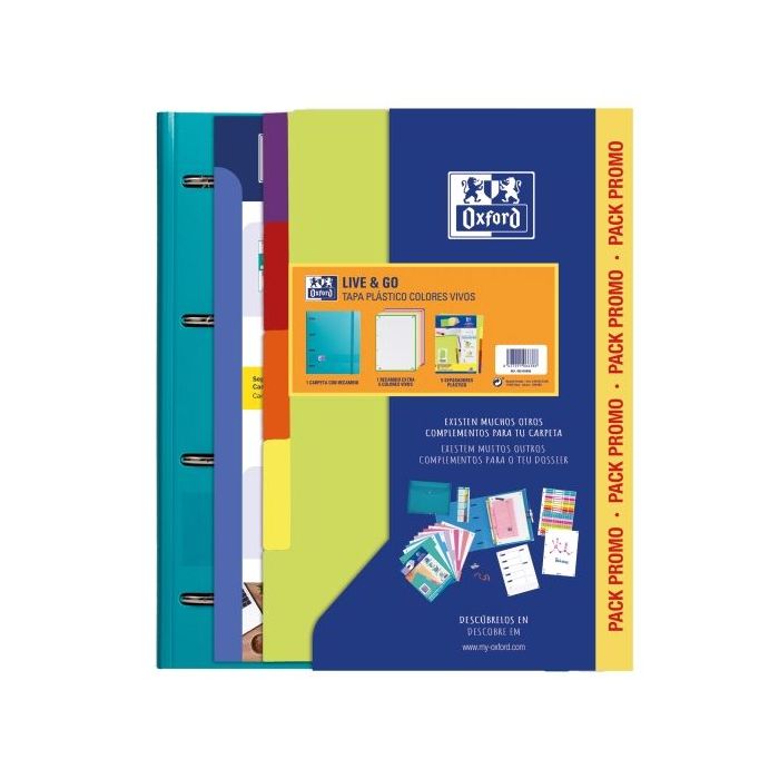 Oxford Europeanbinder Live & Go Carpeta Tamaño A4+ con Recambio + Separadores - Tapa de Plastico Polyfoam - Colores Vivos Aleatorios