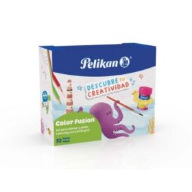 Pelikan Color Fusion Pack con 12 Rotuladores + 12 Lapices de Colores + 6 Botes de Tempera 25ml, Pincel y Recipiente para Agua