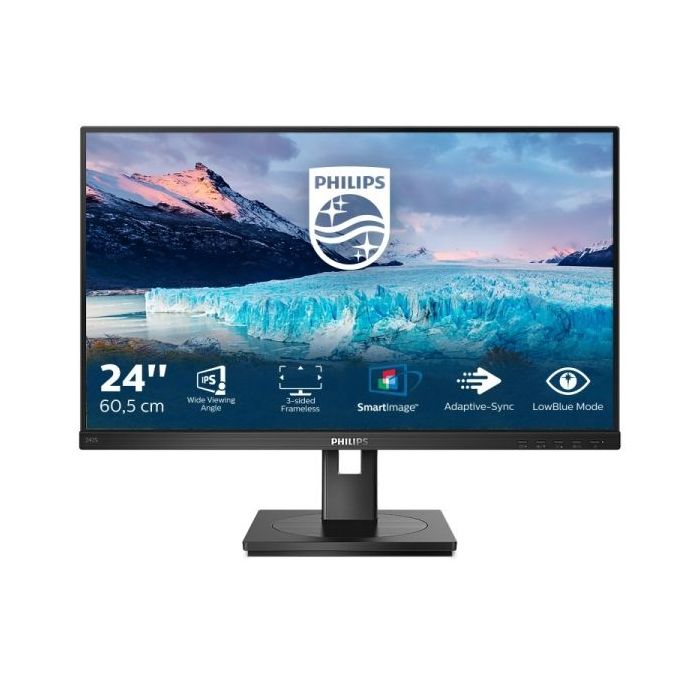 Philips S Line 242S1AE/00 Monitor 23.8" LED IPS FullHD 75Hz - Respuesta 4ms - Altavoces 4W - Regulable en Altura, Giratorio e Inclinable - HDMI, DVI, DisplayPort, VGA - VESA 100x100mm - Color Negro