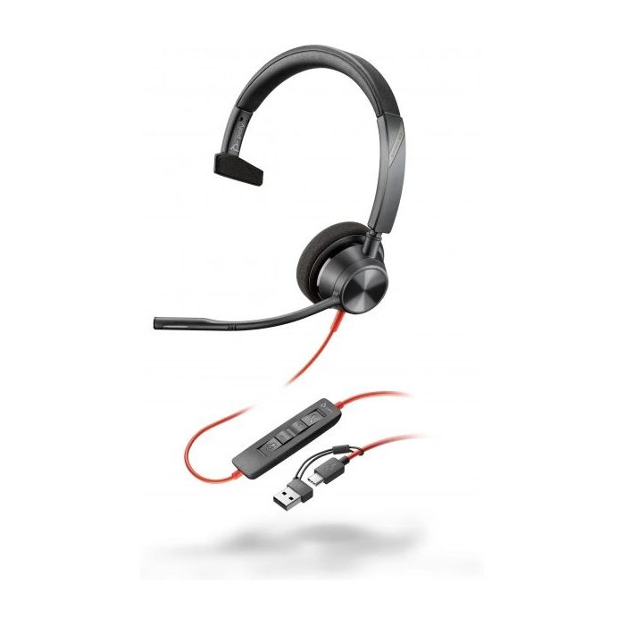 Plantronics/Poly Blackwire C3310 USB-C Auricular Monoaural con Microfono - Almohadilla Acolchada - Controles en Cable - Incluye Adaptador a USB-A - Color Negro